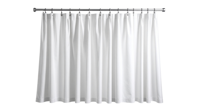Pristine white shower curtain draping elegantly from metal rod, highlighting minimalist bathroom decor against transparent backdrop