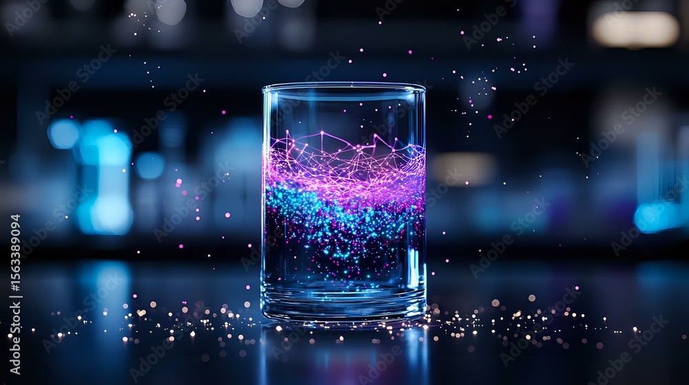 Poster glowing neon pink and blue particles swirling in glass container against dark background with bokeh 