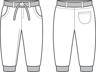 Basic jogger sweatpants cad drawing flat vector illustration front and back view with waistband drawstring cuff hem pocket casual fashion design