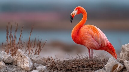 Fototapeta premium Elegant flamingo portrait in natural habitat with soft blurred background