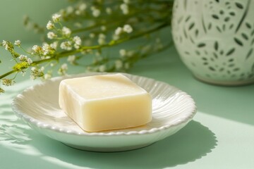 Natural soap bar presented in a white ceramic dish on a soft pale green background