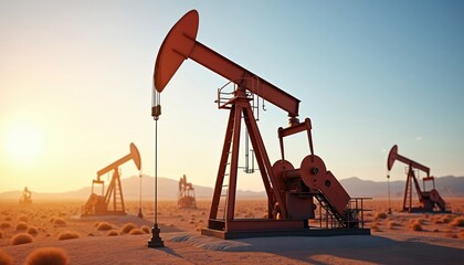 Oil pump jacks work at sunset desert landscape. Petroleum industry energy crude oil extraction. Drilling well fields production, refinery gas power fuel resource. Mining machinery, infrastructure,