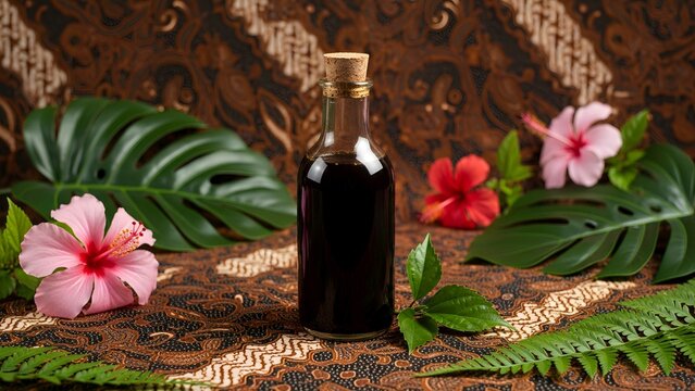 Traditional herbal drink jamu pahitan in glass bottle placed on batik fabric with tropical leaves. Blending culture and wellness in one shot.