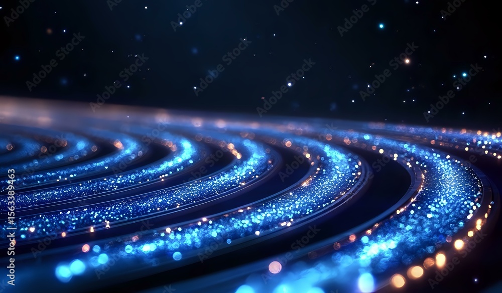 Poster glowing blue spiral waves with sparkling particles against dark background create mesmerizing cosmic