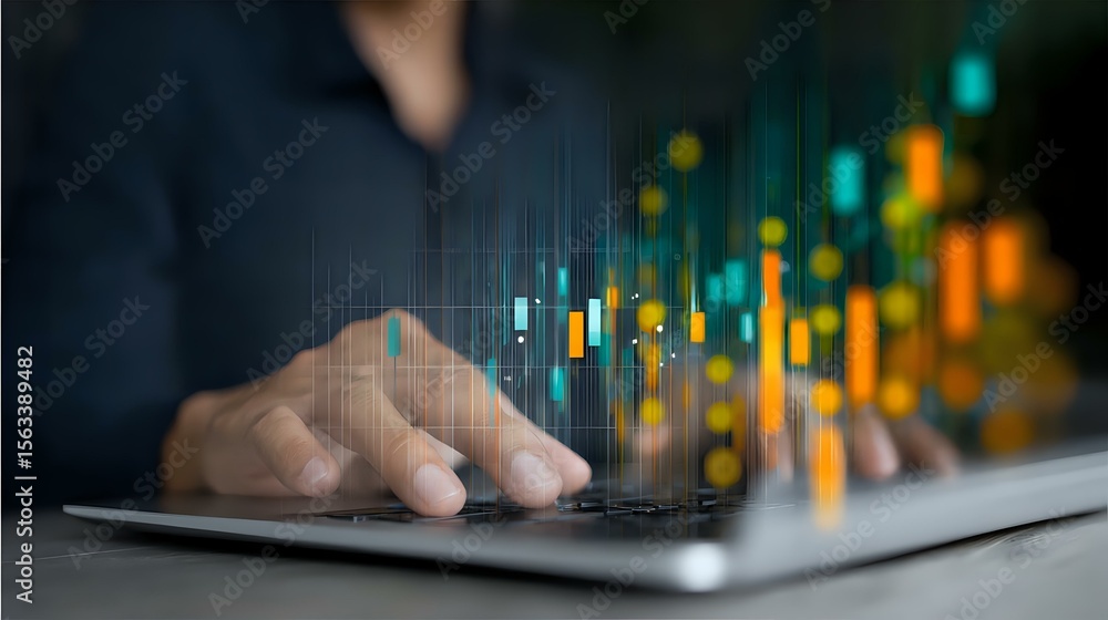 Poster professional trader analyzing financial market data on laptop with glowing candlestick charts and gr
