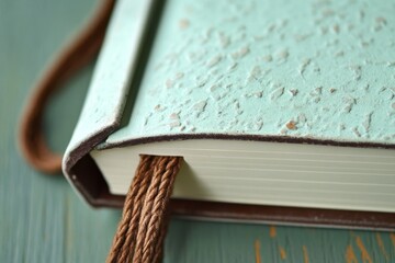 Elegant pale green textured notebook featuring a stylish brown cord closure for secure storage