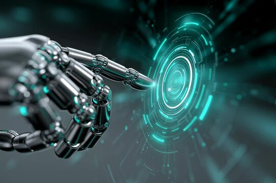 Futuristic Robotic Hand Interacting with Holographic Interface, Showcasing Advanced Digital Technology and Innovation in Robotics