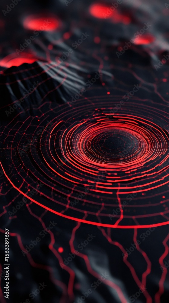 Poster Red seismic waves spreading from the epicenter of an earthquake, simulating ground motion and geological activity on a dark background with red glowing effects
