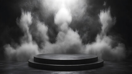 Round stage in foggy background for display or product showcase with realistic dramatic lighting and atmospheric mystery for creative projects