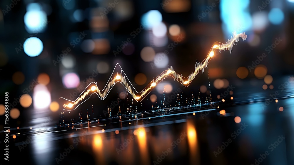 Aufkleber glowing financial chart with upward trend line against dark background with bokeh lights, showing ma