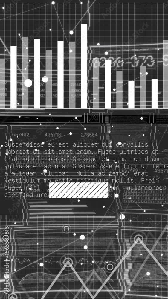 Poster animation of financial data processing over screens