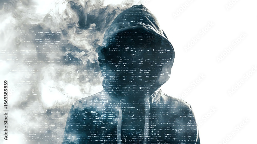 Poster mysterious hooded figure emerging from digital code and smoke effect, representing cyber security th