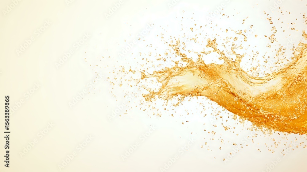 Poster dynamic splash of golden liquid with scattered droplets flowing horizontally against light backgroun