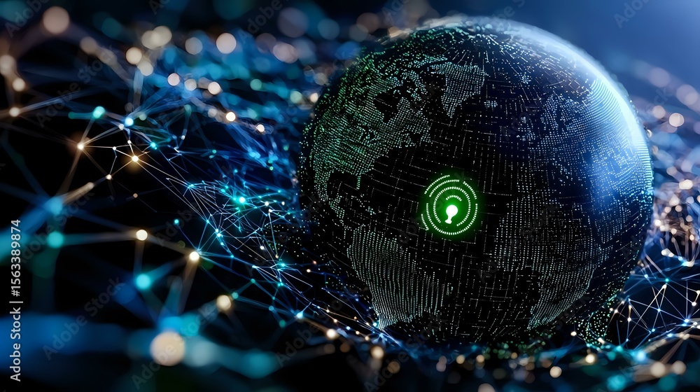 Poster digital globe with glowing green security lock icon floating in dark space surrounded by connected n