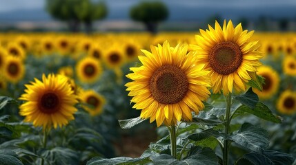 Radiant sunflower field displaying golden petals and lush greenery landscape