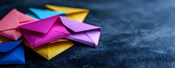 Colorful origami paper envelopes arranged on dark textured background. Creative mail art composition with vibrant folded letters in rainbow colors.