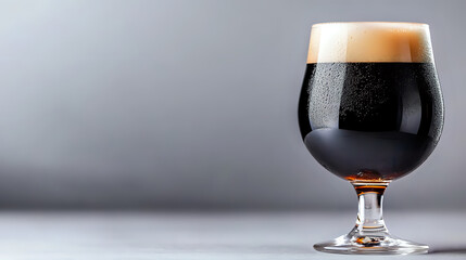 Dark craft beer in snifter glass with creamy foam head and condensation drops against gray background, dramatic side lighting creates appetizing mood.