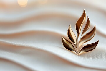 Elegant golden leaf brooch on soft white silk fabric with gentle folds creating flowing lines and subtle shadows. Minimalist jewelry photography with warm tones.
