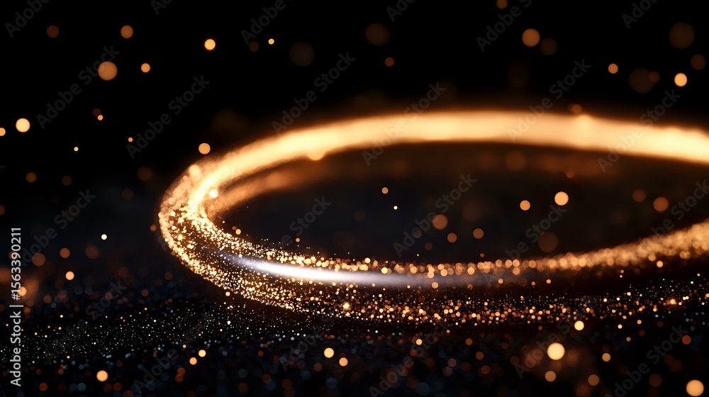 Poster glowing golden light ring with sparkling particles and bokeh effects on dark background creates magi
