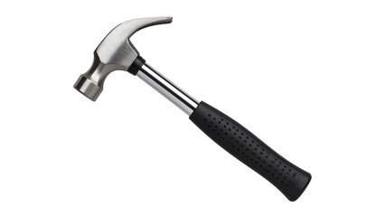 Studio shot of a claw hammer with wooden handle and black rubber grip, isolated on transparent background