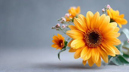 Bright yellow sunflower bouquet with delicate pink flowers arranged elegantly on a soft gray background, showcasing natural beauty and vibrant colors. Selective focus