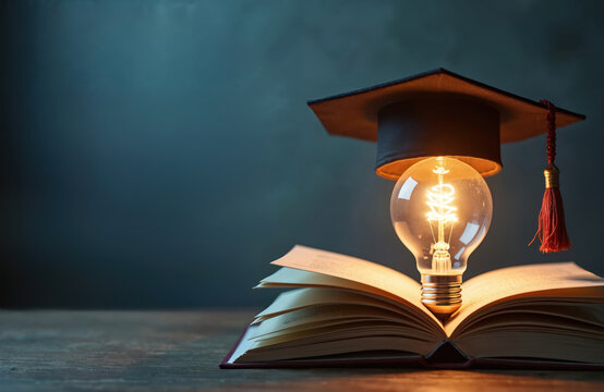 Glowing light bulb in graduation cap on open book. Education, learning, academic success, innovation. E-learning, graduate certificate program concept for online courses, school. Idea, knowledge,