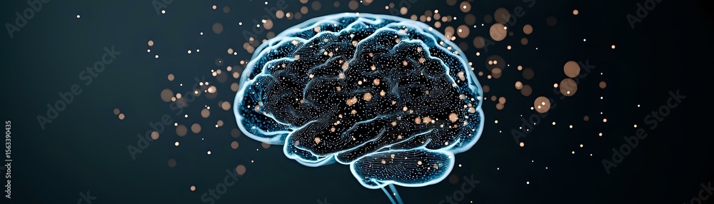 Poster glowing blue brain outline with particles on dark background illustrates artificial intelligence, ma