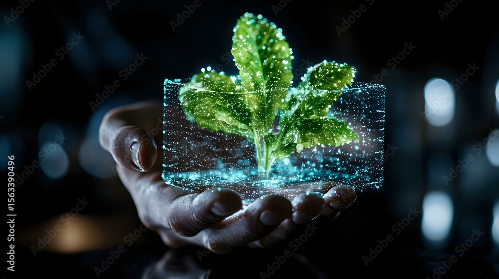 Poster glowing green plant hologram floating above open palm against dark background with bokeh lights, rep