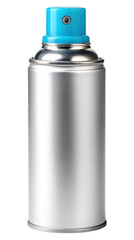 Silver metal aerosol can, blue cap, sleek spray container. Aluminum vessel for quick, pressurized application