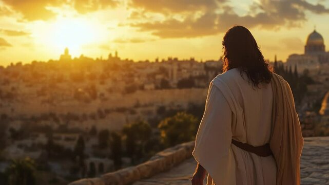 Jesus Overlooking Jerusalem at Sunset with Glowing Light and Gentle Motion