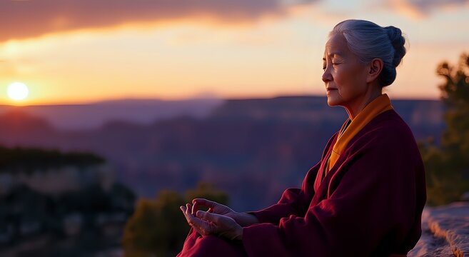Senior Asian woman in burgundy robe meditating at sunset against dramatic mountain landscape backdrop, peaceful mindful moment captured in warm golden light.