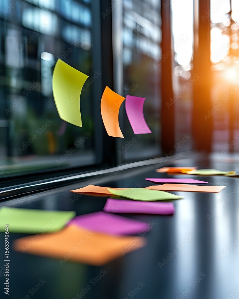 Poster colorful sticky notes floating against office window with sunset light, creating dynamic composition