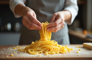 Woman prepares fresh pasta. Hands hold uncooked spaghetti noodles. Wooden board with flour. Homemade italian meal. Culinary, gastronomy. Healthy food, nourishment concept. Closeup shot.