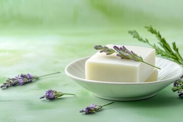 Elegant pale green backdrop featuring a natural soap bar in a white ceramic dish