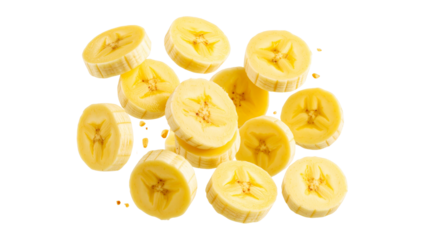 Banana slices falling against a transparent background, creating a dynamic and appetizing image