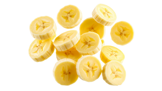 Banana slices falling against a transparent background, creating a dynamic and appetizing image