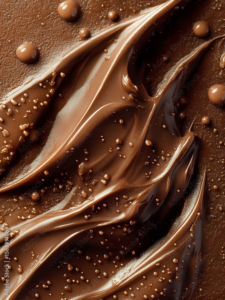 Poster swirling melted milk chocolate texture with smooth waves and droplets creating abstract pattern. ric