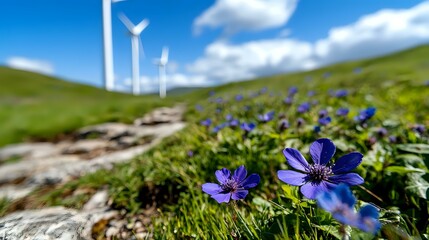 Vibrant blue wildflowers blooming on green hillside with wind turbines in background against blue sky with white clouds, renewable energy concept.