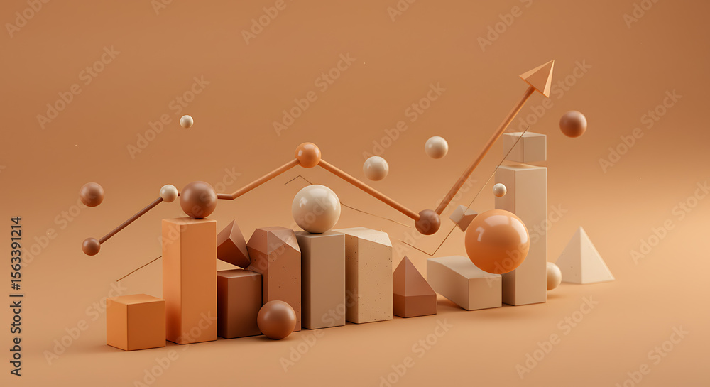 Poster an abstract 3d financial chart with an ascending arrow and geometric shapes. a modern concept for da