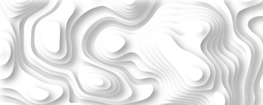 Abstract wavy line paper cut white background. Topographic geometric map relief texture with curved layers and shadow.  Topography and geography map grid abstract backdrop, Luxury black abstrack