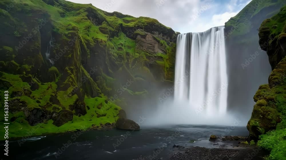 Poster majestic waterfall cascading down lush green cliffs into a dark rocky stream creating a serene and p