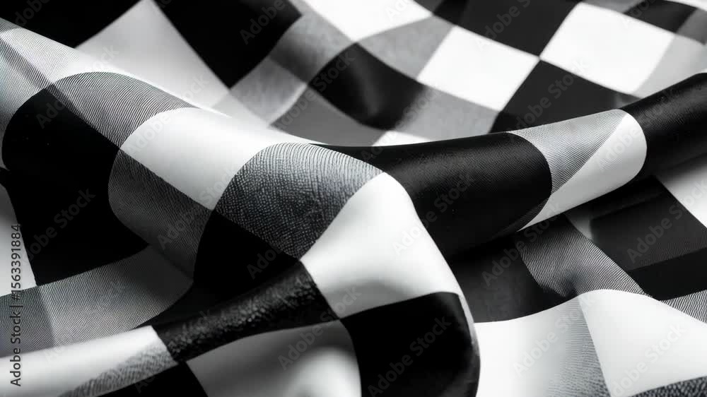 Poster close-up of a checkered fabric texture with black and white squares forming a folded, draped textile