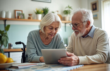 Senior couple looks tablet pc display in kitchen. Elderly woman in wheelchair and her husband online. Happy old people talk using digital tech at home. Remote communication and healthcare.