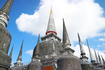 The 55.78 m. high Sri Lankan style main chedi of Wat Phra Mahathat Woramahawihan with the top entirely covered in pure gold, Nakhon Si Thammarat, southern Thailand