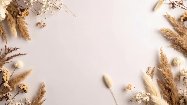 Delicate dried flower arrangement on white backdrop provides a neutral space perfect for invitations and various other designs or messages.