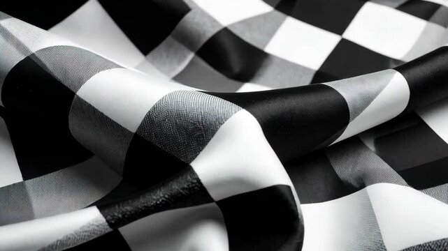 Close-up of a checkered fabric texture with black and white squares forming a folded, draped textile pattern for a bold and simple design element.