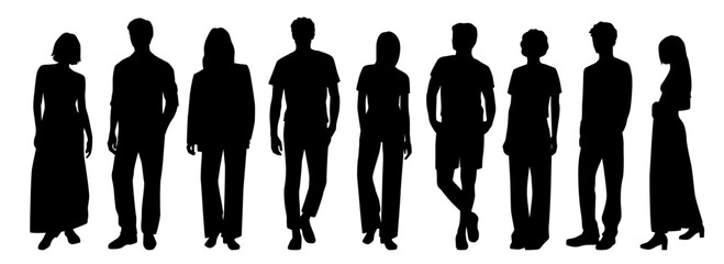Silhouettes of men and women, group standing business people, vector, profile, black color isolated on white background