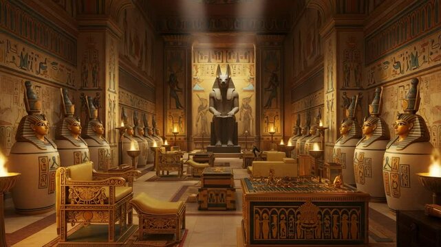 T&iacute;tulo: Grand and opulent ancient Egyptian tomb interior, illuminated by torches, with a large Anubis statue, sarcophagi, and detailed hieroglyphs, evoking historical majesty