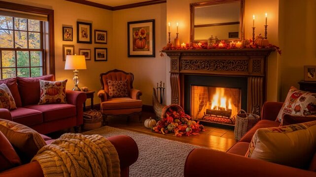 Cozy living room decorated for Thanksgiving and autumn, featuring a lit fireplace, plush seating, and a cornucopia overflowing with harvest decor