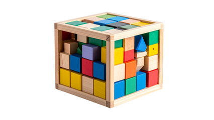 Obraz premium Multicolored shape sorter cube with various geometric blocks promoting learning and play for toddlers, isolated on a transparent background